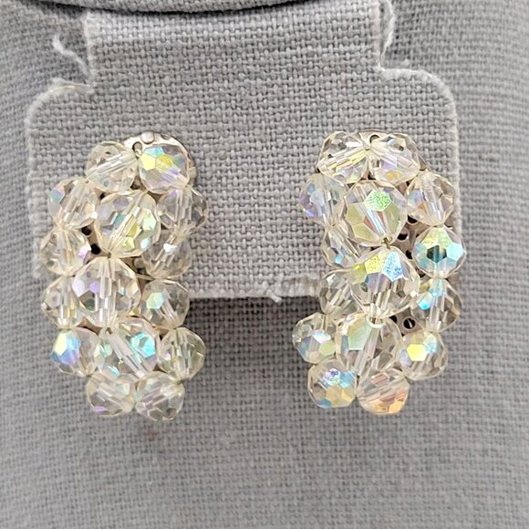 Jewelry - Vintage AB Aurora Borealis Crystal Curved Clip On Earrings 1940s